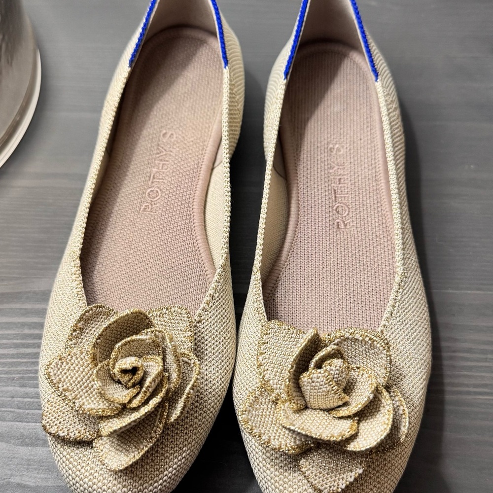 Rothy's Beige Flats with Gold Floral Accent - Picture 2 of 4